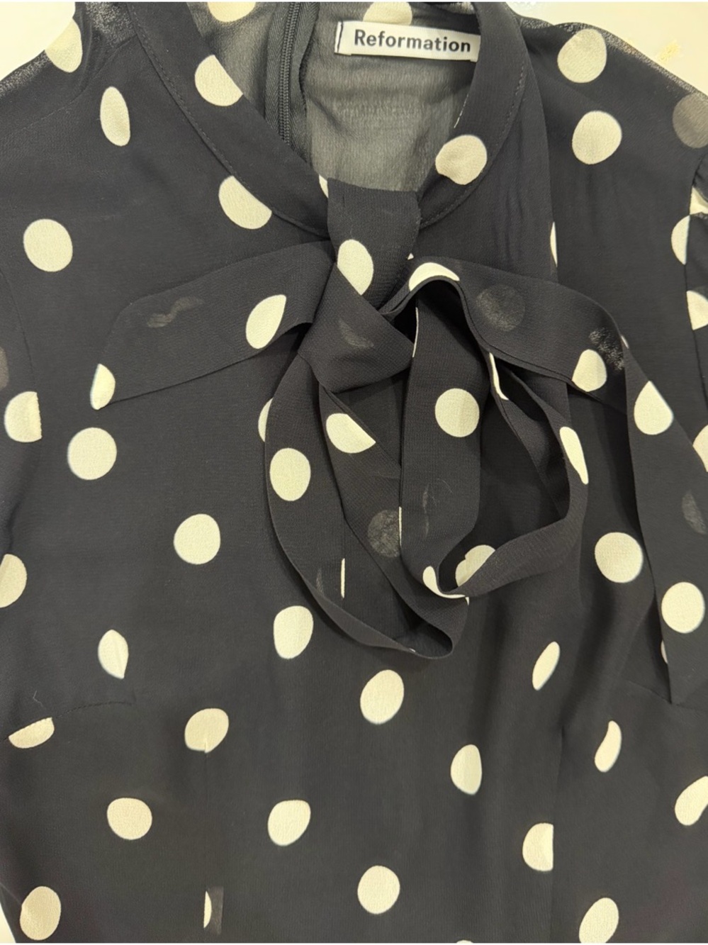 Reformation Fox Polka Dot Mini Dress Black White Tie Neck Size 4 EUC - Picture 6 of 9